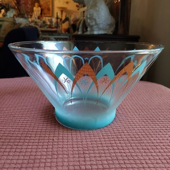 Vintage* 60s Atomic Age Turquoise & Gold Glass Chip Bowl - Picture 2 of 10